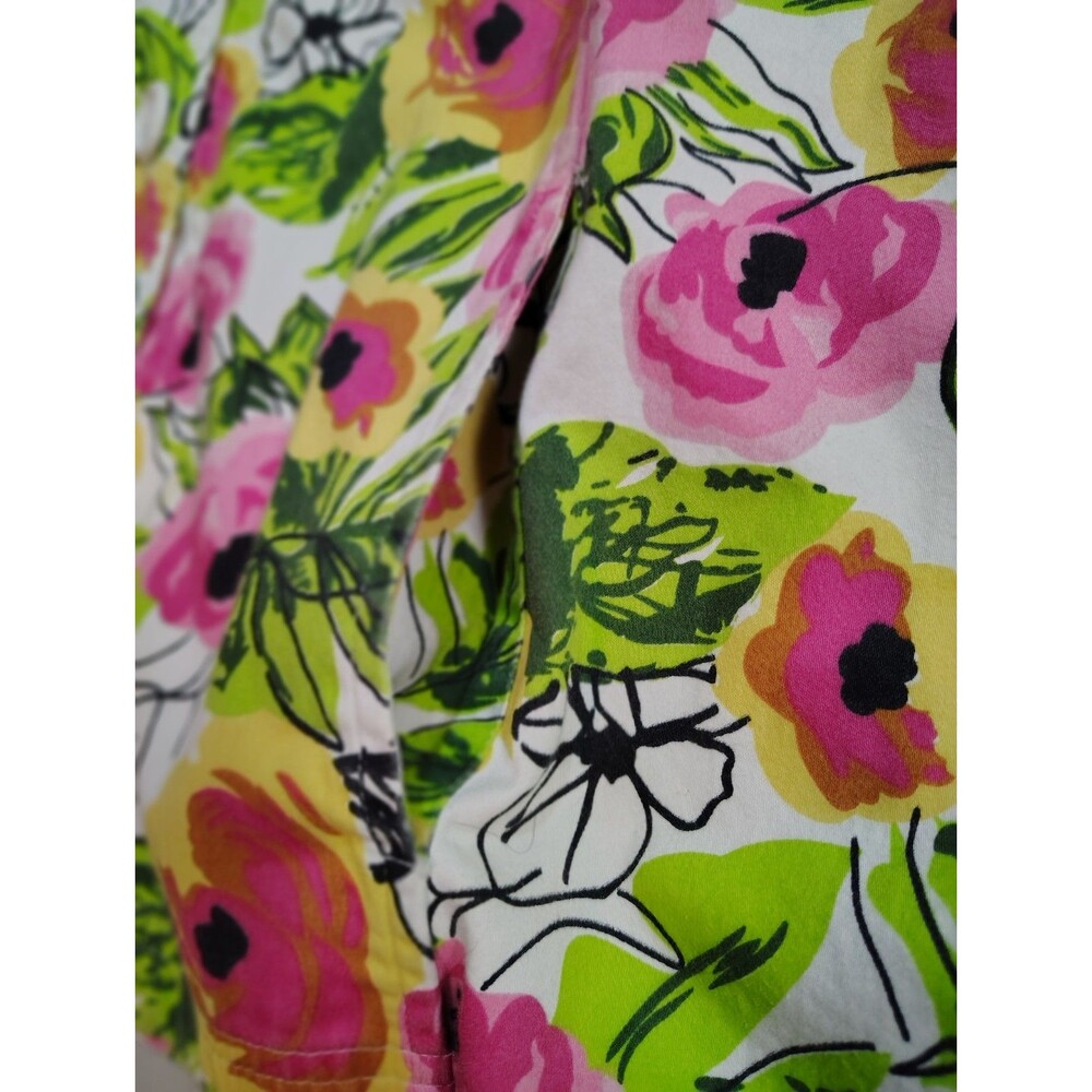 Keren Hart Floral Shacket Shirt Jacket Pockets Size L (Est) Pink Green Stripe - Picture 12 of 13